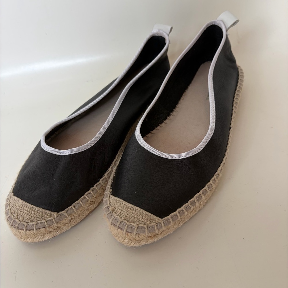 SAKS FIFTH AVENUE Black Leather Espadrille Ballet Flat with White Trim